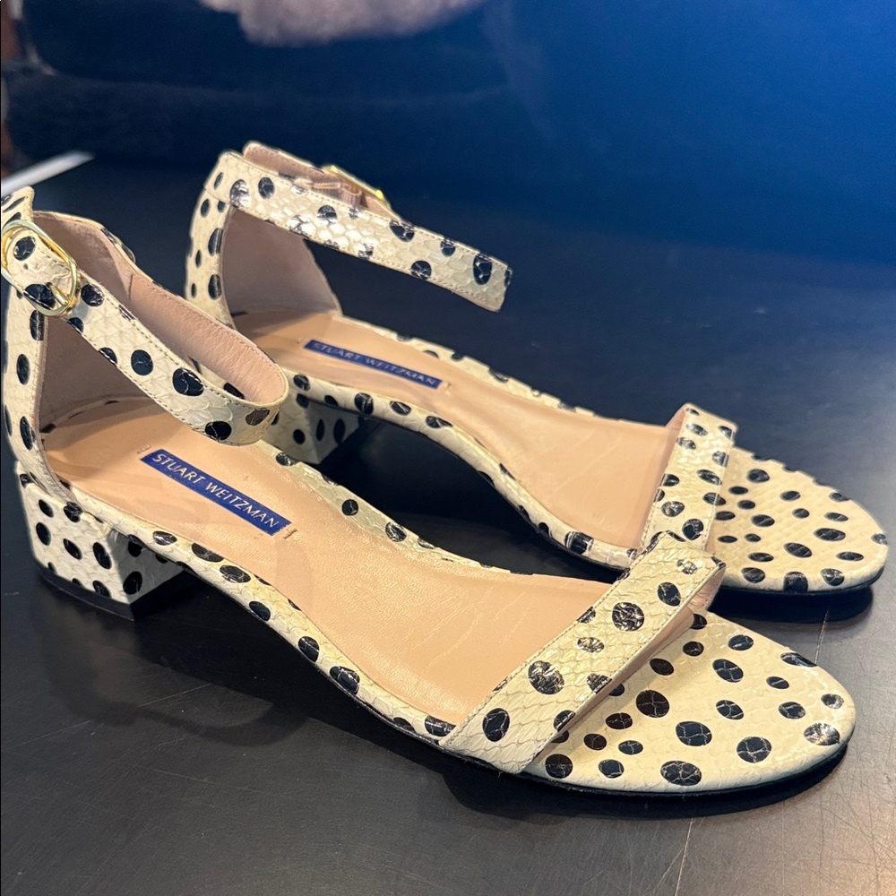 Stuart Weitzman Black and Cream Polka Dot Dalmatian Block Heel Sandals size 9